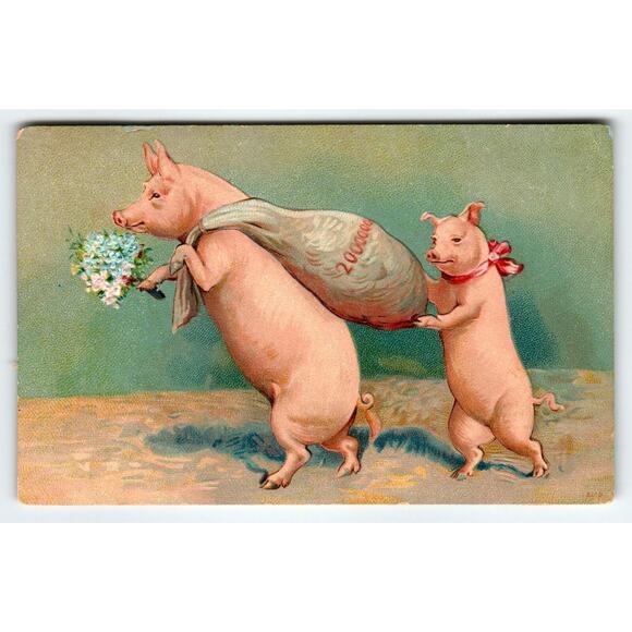 Dressed Pig Fantasy Anthropomorphic Postcard Mom With Money Bag Sack Embossed - Picture 1 of 2